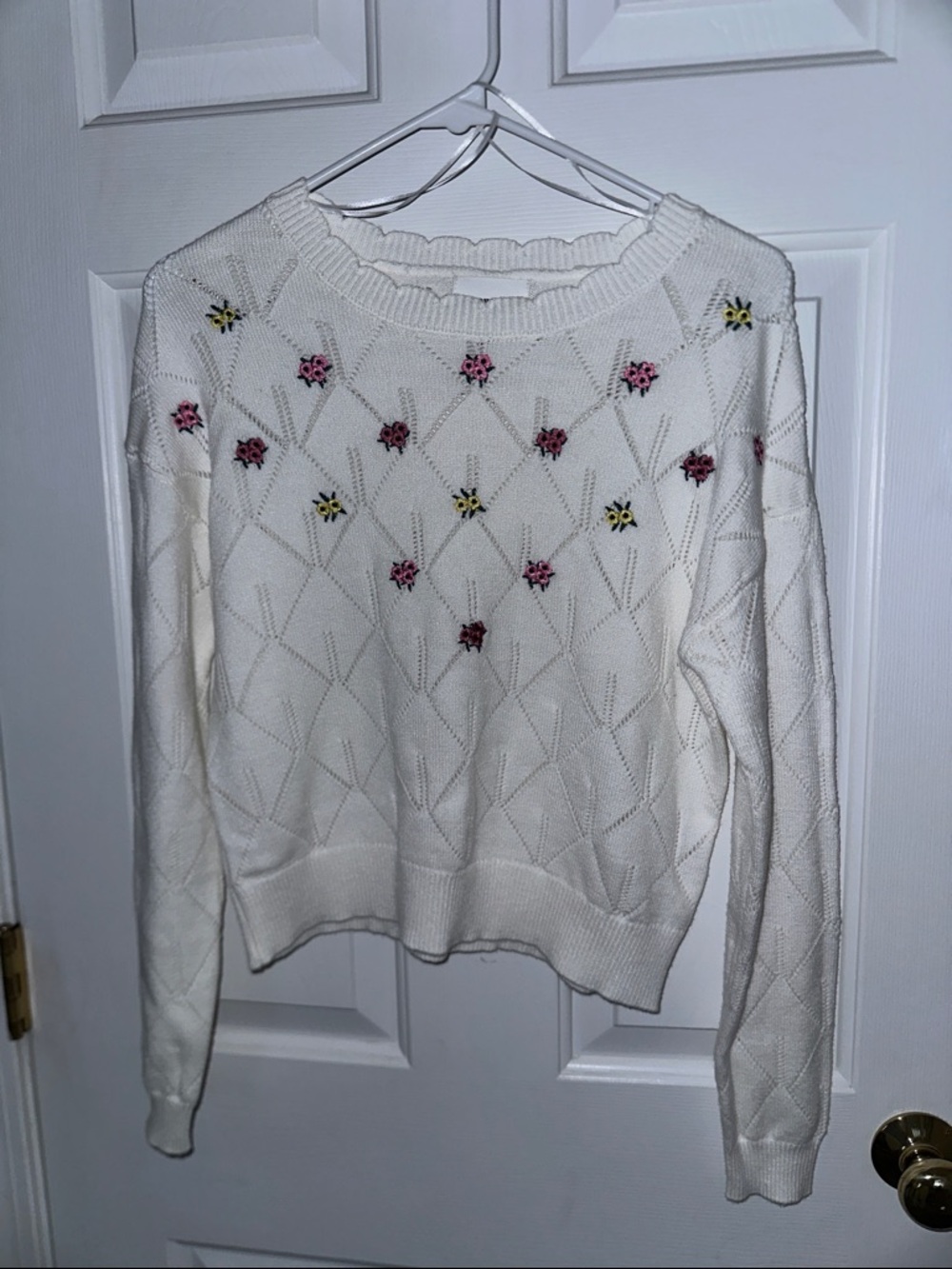 White Floral Embroidered Crewneck Sweater
